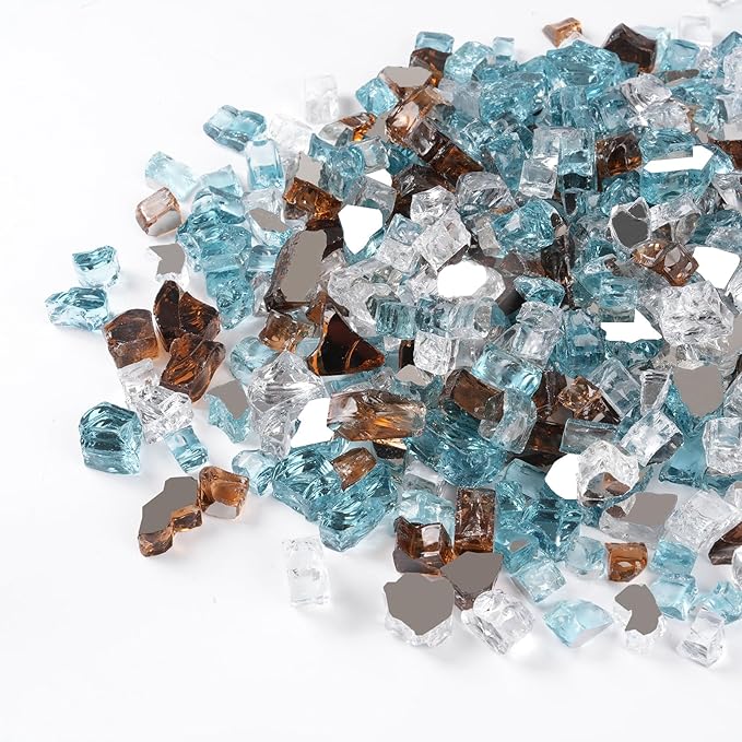GASPRO 10 lbs Fire Glass for Propane Fire Pit, 1/2-Inch Reflective Fireplace Glass Rocks for Fire Pit Table, Light Blue Copper White