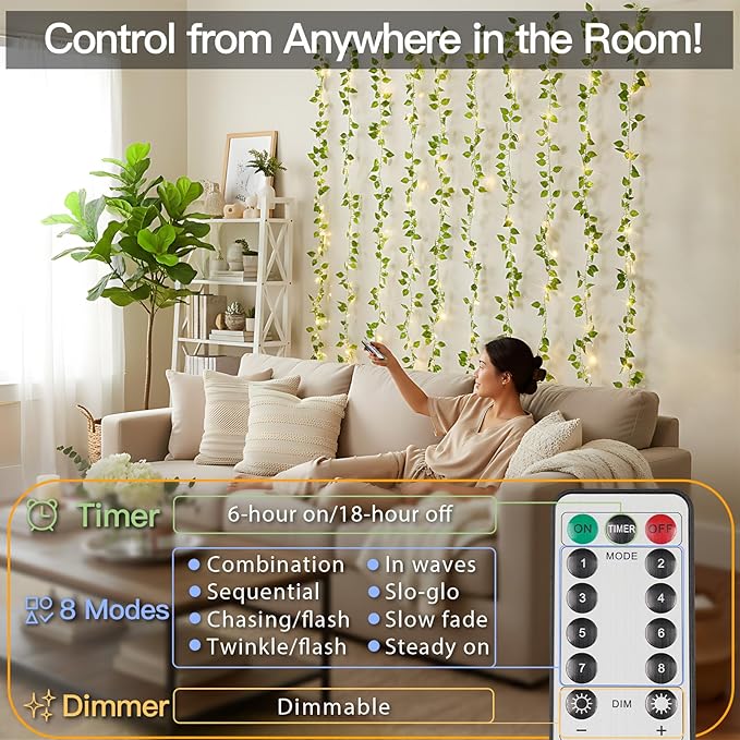 suddus Vines with Lights for Bedroom, 150 LED Fairy Lights with Vines, Pothos