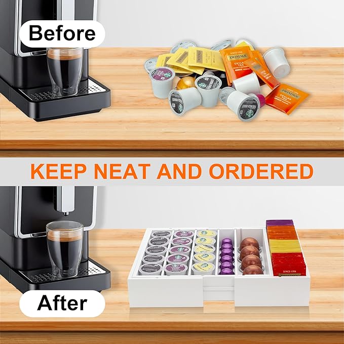 MinBoo Bamboo Drawer Organizer - Expandable K Cup & Pods Holder, Coffee Pod Storage, Tea Organizer, Versatile Kitchen Accessory Organization and Storage,White