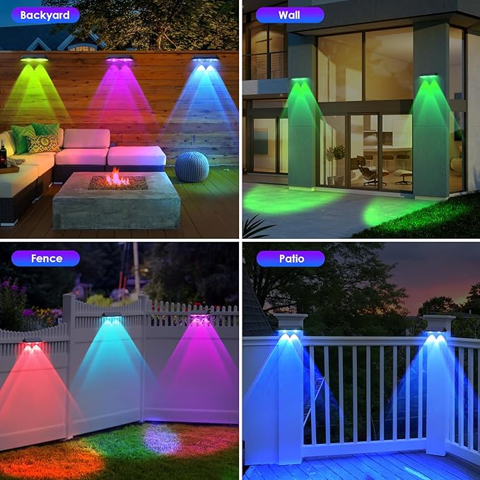 Solar Fence Lights Outdoor - Warm White & RGB 6 Color, Dusk to Dawn Solar Deck Light, Solar Lights Outdoor IP65 Waterproof, Garden Lights for Outside/Backyard/Railing/Step/Patio/Wall (12 pack)