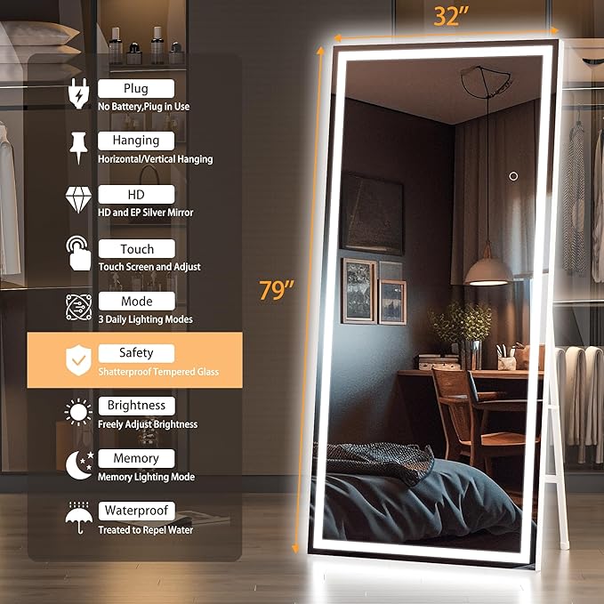 Hasipu Full Length Mirror with Lights, Full Body Dressing Hanging Mounted Mirror