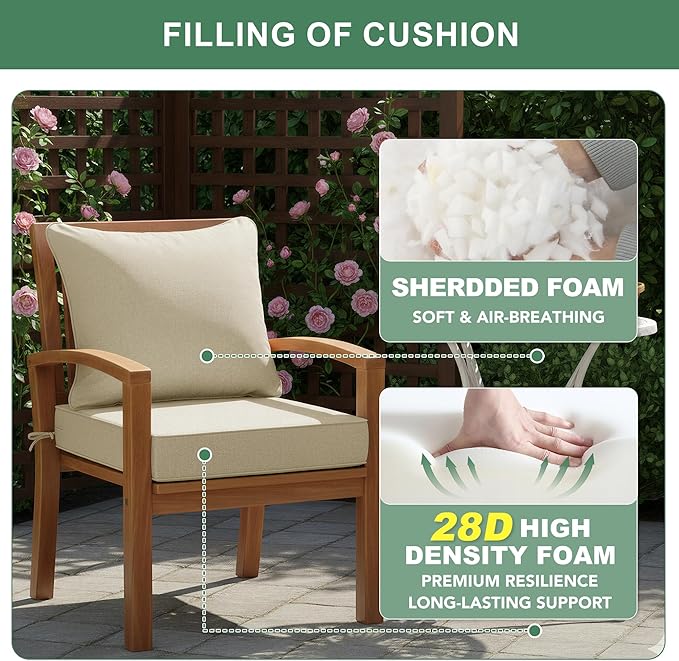 Summsun Patio Chair Cushions Set of 4, Faux Linen Outdoor Furniture Cushions, Water Resistant Backrest and Cushion Set with Ties, Removable Cover, Non-Slip Bottom, 19 x 19 Inch, Beige