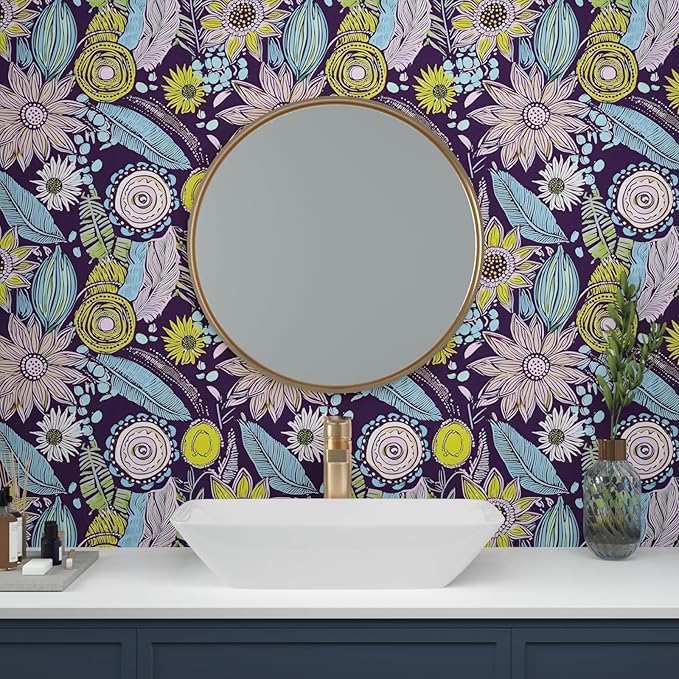 Purple Boho Wallpaper Peel and Stick, Vintage Yellow Floral Contact Paper 17.5"