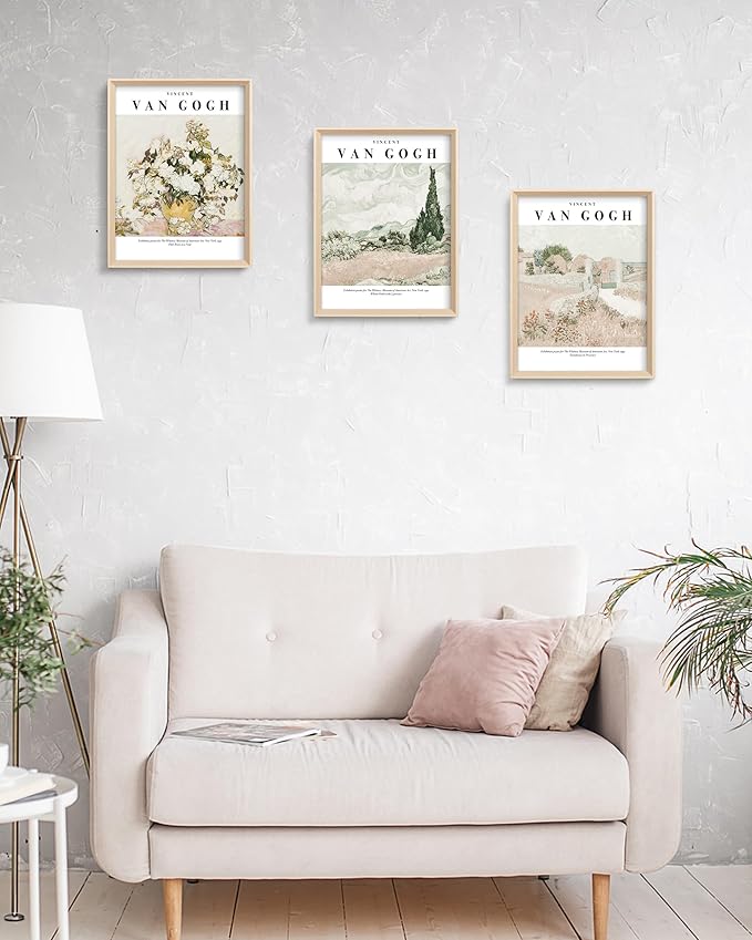 HesenDot Van Gogh High Framed Wall Art Set of 3, 12x16in Neutral Floral Canvas