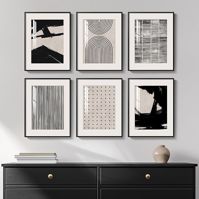 Framed Black and White Abstract Wall Art, 6 Pieces Modern Prints Paintings