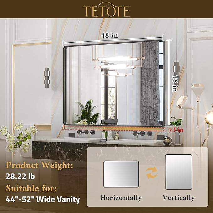 TETOTE 48 x 36 Inch Mirrors for Bathroom, Matte Black Framed Rectangular Large