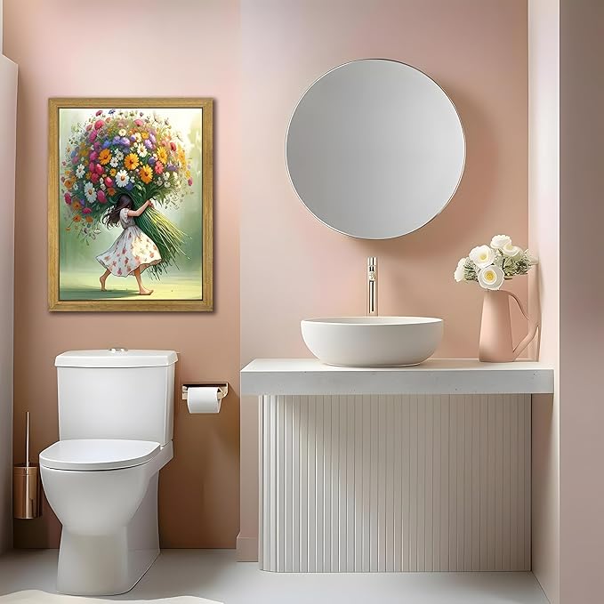 Wood Framed Pink Wildflower Canvas Wall Art, Girl Hugging Flowers Poster Prints