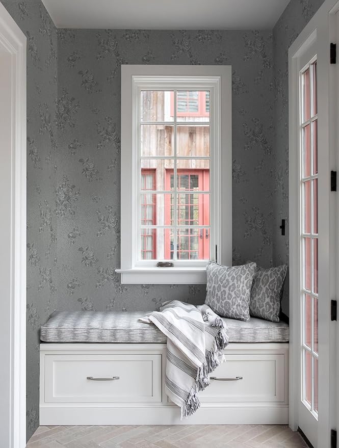 Erfoni 197"x17.7" Gray Peel and Stick Wallpaper Thicken Flower Embossed