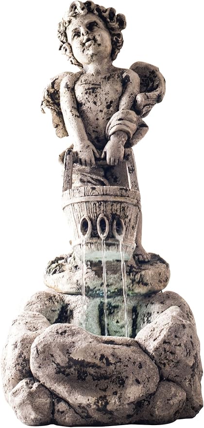 Outdoor Water Fountain With LED Lights, Lighted Cherub Angel Fountain With Antique Stone Design for Decor on Patio, Lawn and Garden By Pure Garden 10.25x15