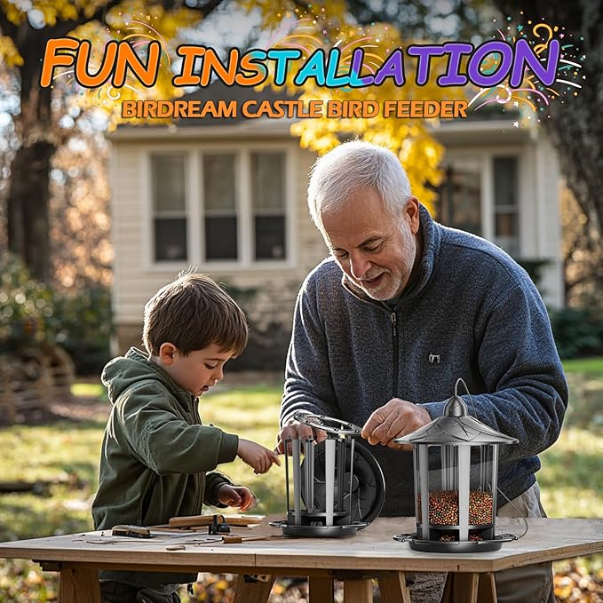 Birdream Bird Feeders for Outdoor Hanging, Assembly Required, 1-Min Easy Setup, Charming Castle Design, Attracting Cardinals Chickadees Goldfinches & Sparrows - Black
