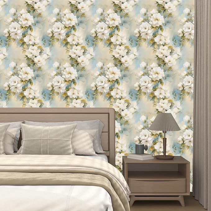 Floral Wallpaper Peel and Stick Vintage Beige Flowers Contact Paper Vinyl