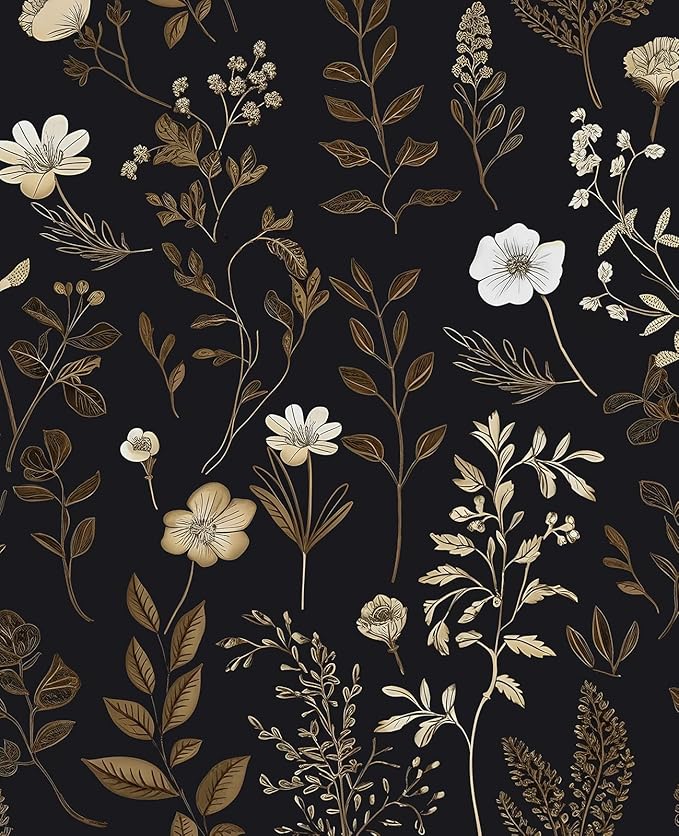 Vintage Dark Floral Wallpaper, Moody Black Leaf Botanical Removable Contact