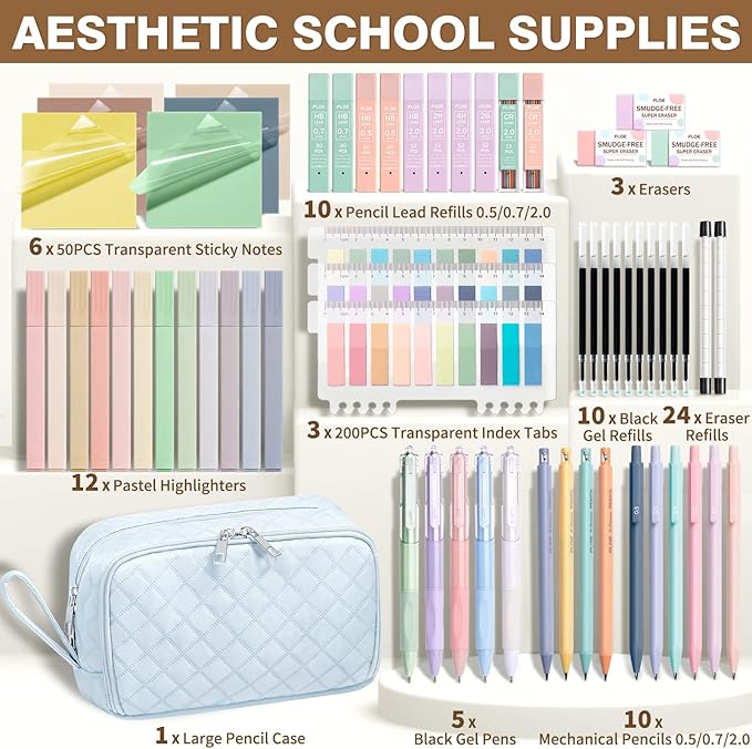 62PCS Aesthetic School Supplies with Cute Pencil Case, Pastel Highlighters Black Ink Gel Pens Mechanical Pencils Kit, Back to School Supplies College Essentials Preppy Stationary Set for Student Girls