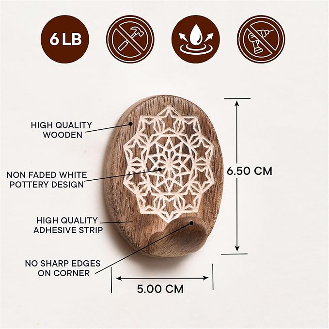 IndianShelf 6 Lb- 24 Pieces Decorative Wood Adhesive Wall Hooks–Boho Peel and