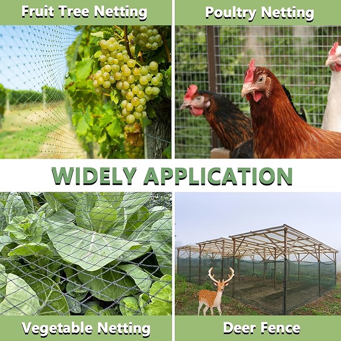 Bird Netting for Garden 10 x 30 FT Heavy Duty Black Garden Netting for Fruit Trees, Chicken Coop, Pond, Blueberry Bushes, Poultry & Deer Netting, HDPE Plant Protection Net Fence with Ties
