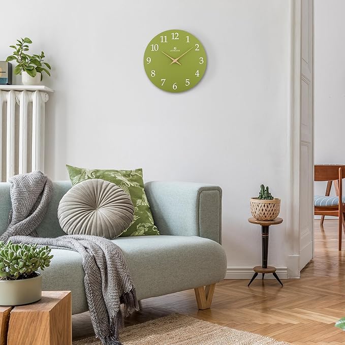 Lafocuse 12 Inch Wooden Olive Green Wall Clock Battery Operated Silent