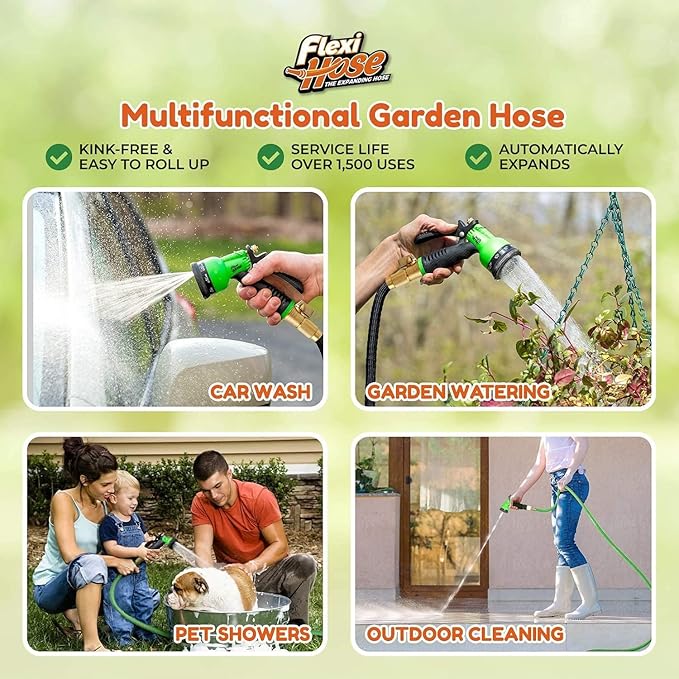 Flexi Hose Expandable Garden Hose with 8 Function Nozzle, 150FT - Lightweight Retractable Garden Hose, Water Hose - No-Kink Flexibility, 3/4 Inch Solid Brass Fittings and Double Latex Core