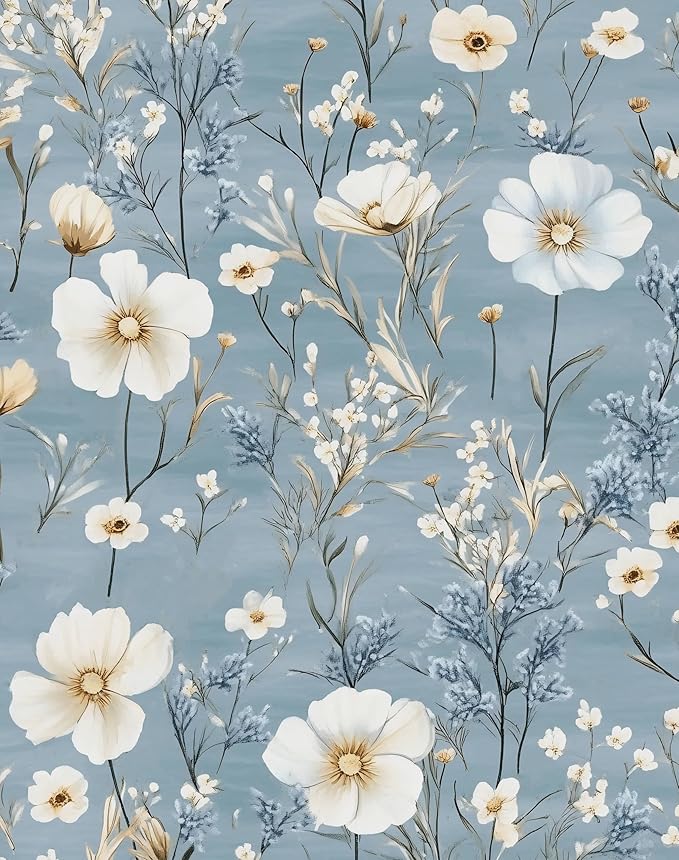 Laatse Blue Floral Peel and Stick Wallpaper White Botanical Contact Paper