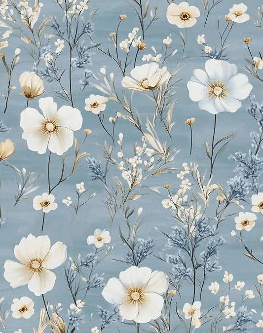 Laatse Blue Floral Peel and Stick Wallpaper White Botanical Contact Paper