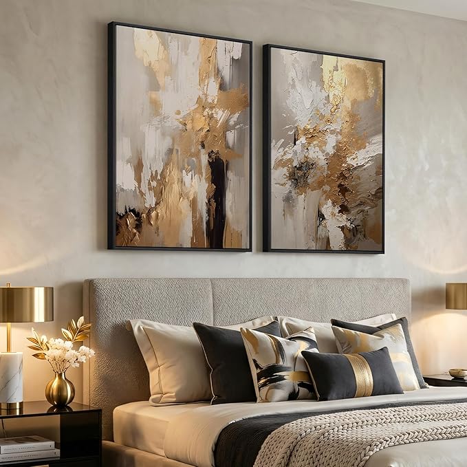 Large Framed Neutral Abstract Wall Art, 2 Piece Modern Canvas Prints Paintings