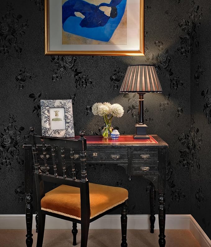 Erfoni Black Peel and Stick Wallpaper Black Floral Embossed Contact Paper