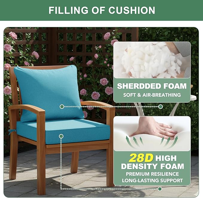 Summsun Faux Linen Outdoor Chair Cushions, Water Resistant Backrest and Deep Seat Cushion Set with Removable Cover, Straps, Non-Slip Bottom for Patio Furniture, 24 x 24 Inch, Teal, Set of 2
