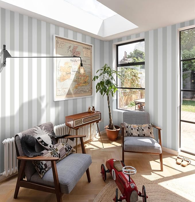 Guvana 17.7"×394" Grey and White Peel and Stick Wallpaper Striped Contact Paper
