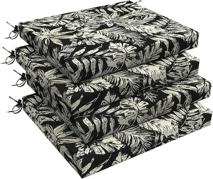 LVTXIII Outdoor Chair Cushions 18.5"x16"x2" Pack of 4, Water-Repellent Square Corner Memory Foam Seat Cushions with Ties for Garden Patio Furniture, Tropical Leaf Black