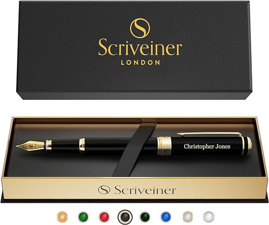 Scriveiner Personalized Black Fountain Pen - Stunning Luxury Pen, Jet Black Lacquer, Real Gold Plating, German Schmidt Nib (Medium), Best Engraved Gift Set for Men & Women, Name Engraving