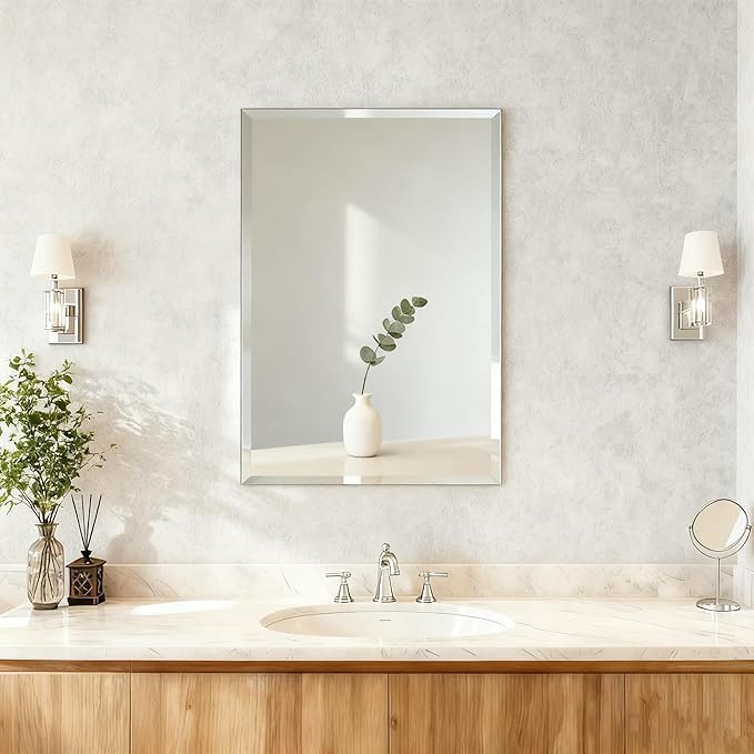 Beveled Bathroom Mirror for Wall, Rectangle Frameless Wall Mirror 24" x 16"