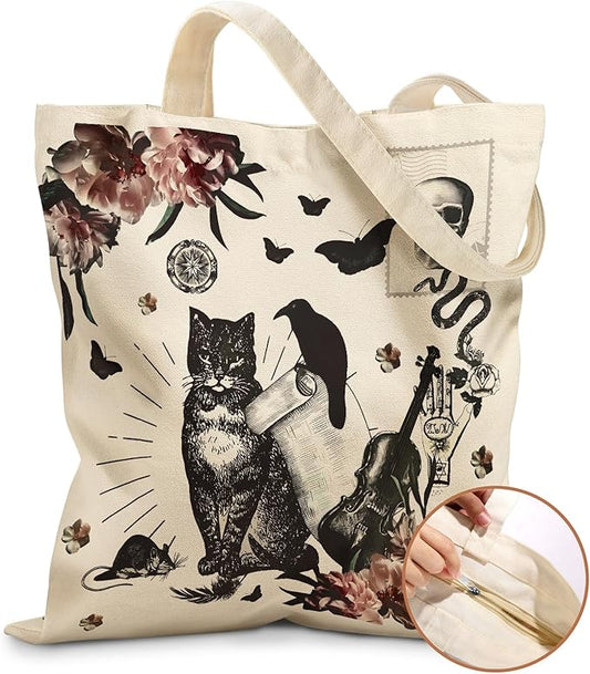 Miss Adola Canvas Tote Bag for Women â Aesthetic Canvas Bag with Zipper Cute Stylish Reusable Shoulder Totes for Shopping Work Daily Vacation, Crow Cat