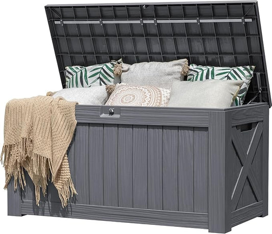 Flamaker Resin Deck Box 120 Gallon Waterproof Large Outdoor Indoor Storage Box Imitation Wood Resin for Patio Furniture Garden Tools and Pool (Gray)
