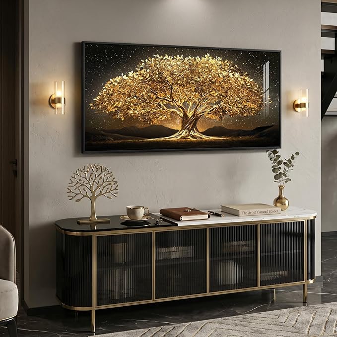 Large Framed Black and Gold Tree of Life Wall Art, Modern Luxury Tree Painting