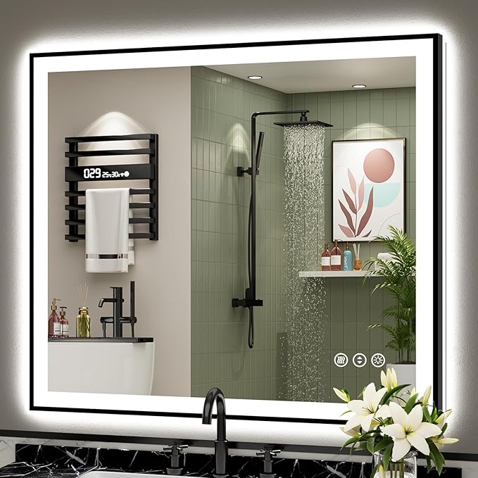 40x38 Black Framed LED Bathroom Mirror