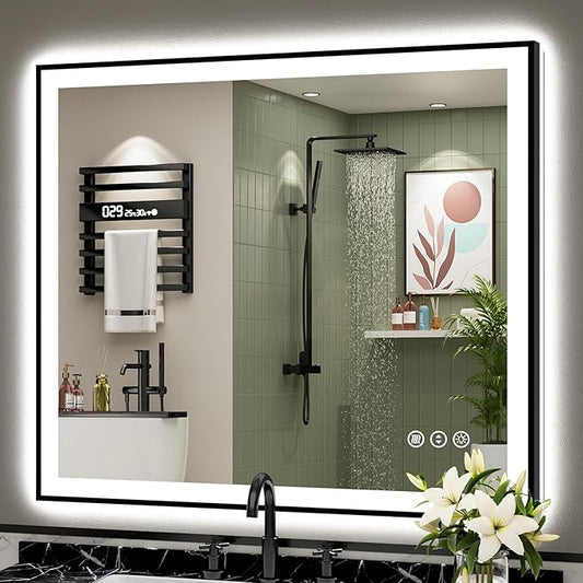 40x38 Black Framed LED Bathroom Mirror
