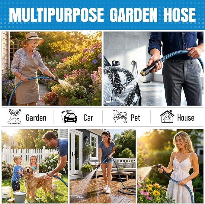 NON-EXPANDABLE Garden Hose 75 ft, Heavy Duty Flexible Water Hose, Kink Resistant Lightweight Hybrid Hose with Durable Fabric Skin, Leakproof Hose Male to Female Fittings