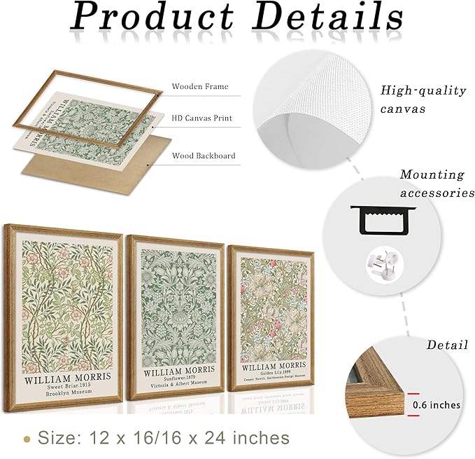 SYWENNOI Wood Framed Wall Art Print, Classic William Morris Floral Print