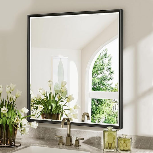 Black Framed Mirror for Bathroom, 30x36 Inch Black Rectangle Beveled Bathroom