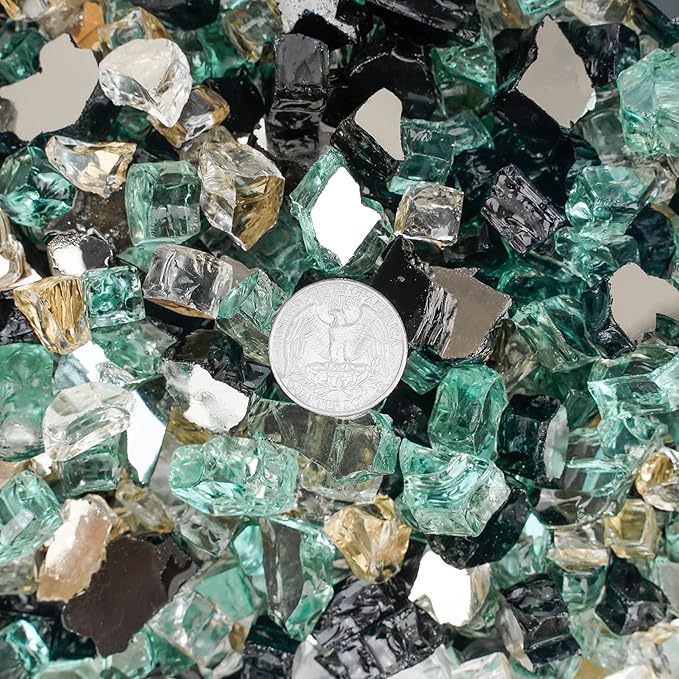 Mr. Fireglass 10 Pounds Blended Fire Glass, 1/4 Inch Mixed Colored High Luster Reflective Tempered Firepit Glass Rocks for Fireplace Fire Pit Table and Landscaping, Light Green, Onyx Black, Platinum