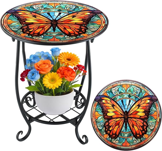Cinnvoice Outdoor Side Table Round Small Mosaic Patio Accent Indoor End Plant Coffee Tea Table for Yard Patio Porch Garden Living Room, Bedroom(Butterfly B Style,12 Inch)