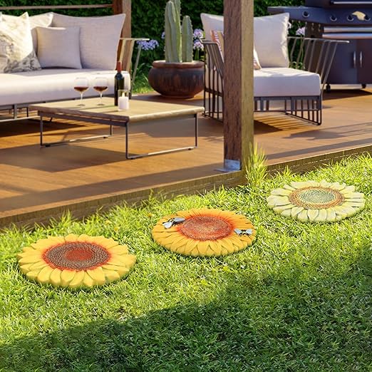 3 Pack Sunflower Stepping Stones for Garden, 10-Inch Faux Stepping Stones Outdoor, Decorative Hand-Painted Garden Stones, Weather-Resistant Pathway Stones for Walkway Yard Patio, Large Stepping Stones
