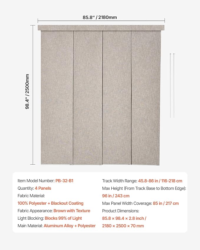 VEVOR Panel Track Blinds, Extendable Track from 45.8 in to 86 in W, Trimmable