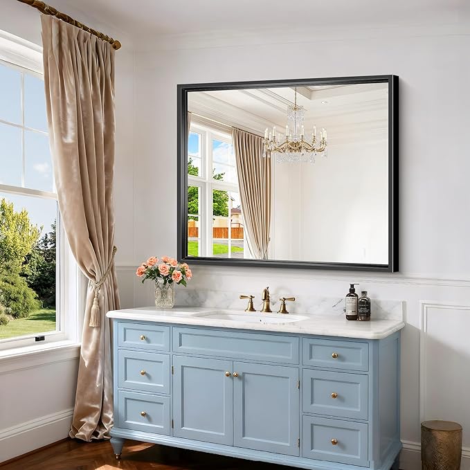 Bathroom Mirror, 42 x 36 Inch Brushed Black Rectangle Mirror, 0.6" Thickened