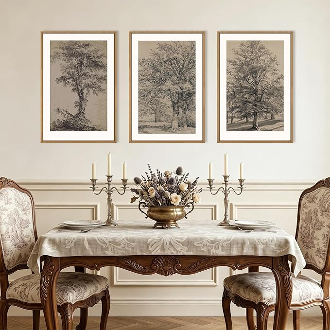 KAIRNE Vintage Tree Sketch Framed Canvas Wall Art Set, Antique Tree Drawings Wall Decor, Retro Forest Art Prints, Modern Nature Landscape Artwork for Living Room, Bedroom, Farmhouse, Office-24 x36 x3