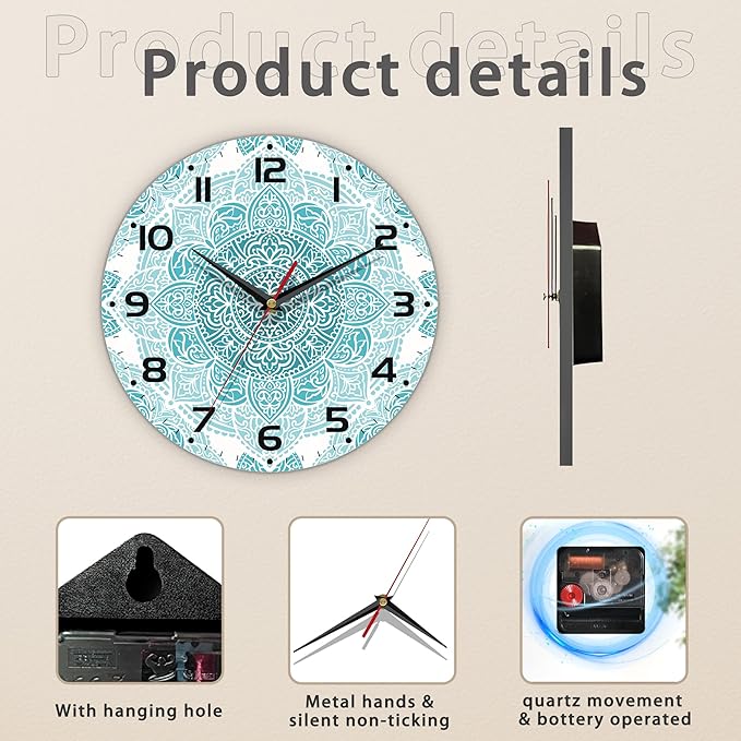 Teal Mandala Flower Wall Clock, Silent Non-Ticking, Battery Operated, Wooden
