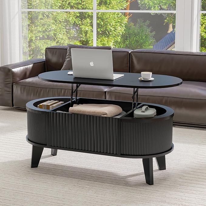 LYNCOHOME Fluted Lift Top Coffee Table with Storage,Modern Oval Coffee Table for Living Room or Home Office(Black)