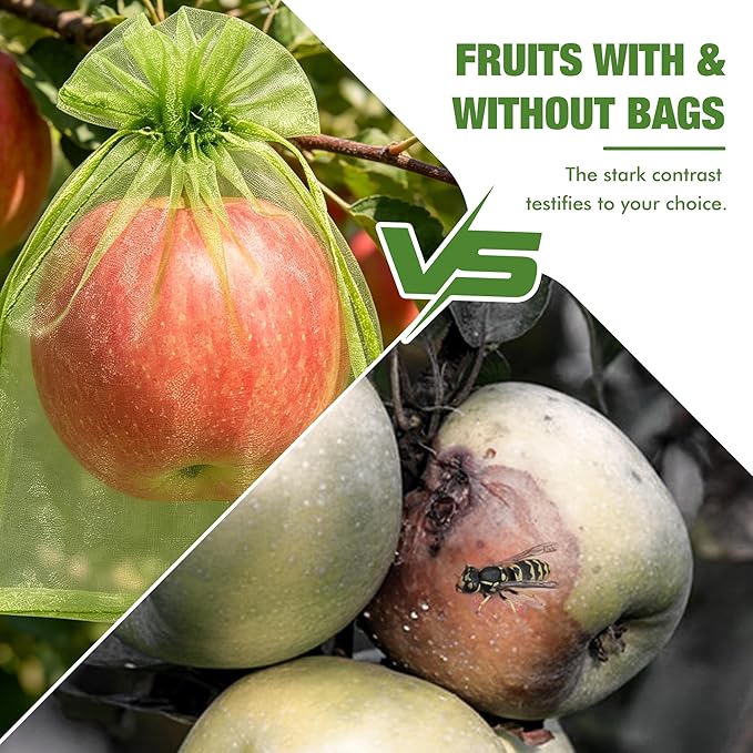 50 Pcs Drawstring Fruit Protection Bags, 6×9 Inch Green Mesh Fruit Net Covers, Anti-Bird Anti-Insect Garden Protective Bags for Fruit Tree, Tomato, Strawberry, Apple, Cherry, Grapes and Vegetables