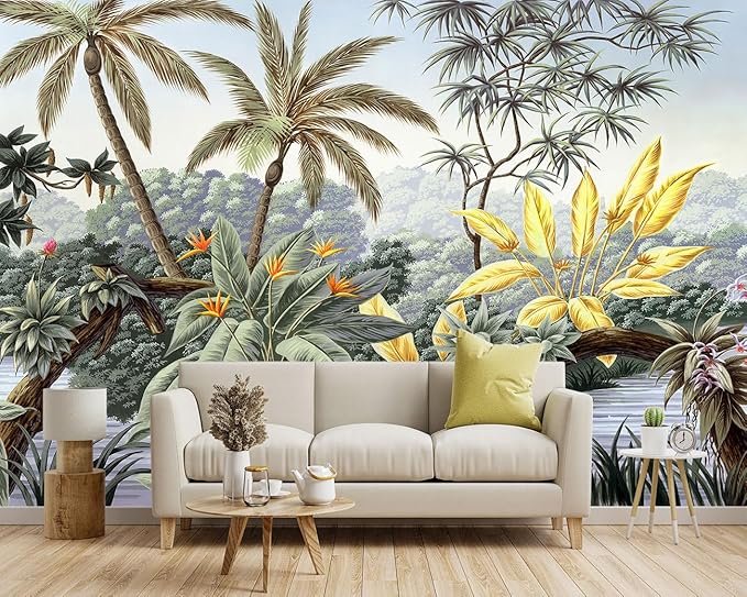 -Tropical Botanical Palm Leaf Fabric Wallpaper Living Room Bedroom Bathroom