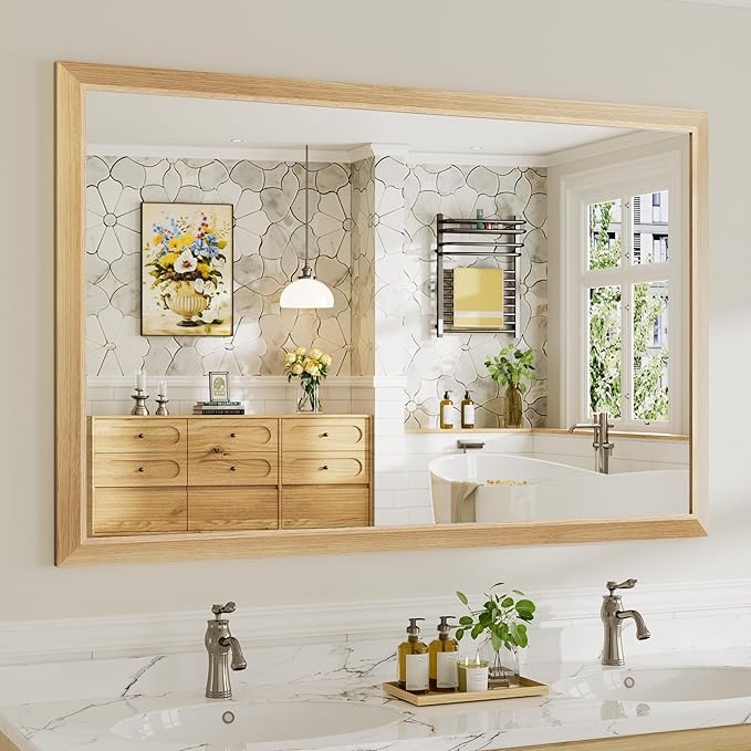 55x36 Inch Bathroom Mirror for Wall, Anti-Rust Oak Wood Grain Metal Framed