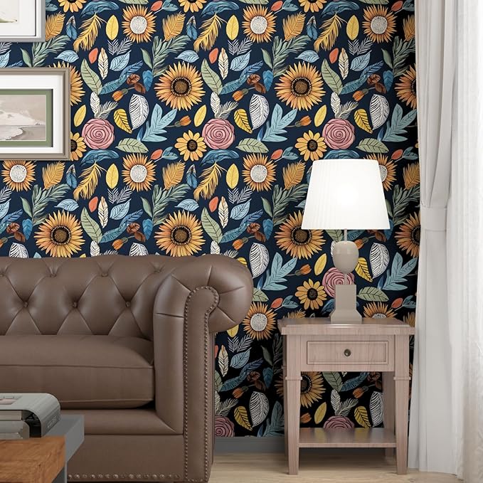 Blue Boho Wallpaper Peel and Stick, Vintage Floral Contact Paper 17.5" x 118"